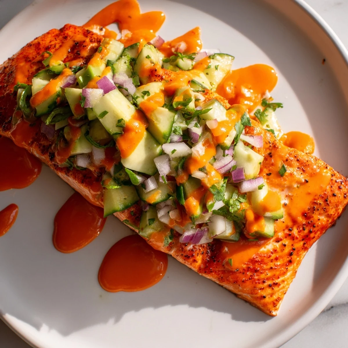 Juicy Bang Bang Salmon drizzled with spicy cream sauce and fresh green salsa garnish