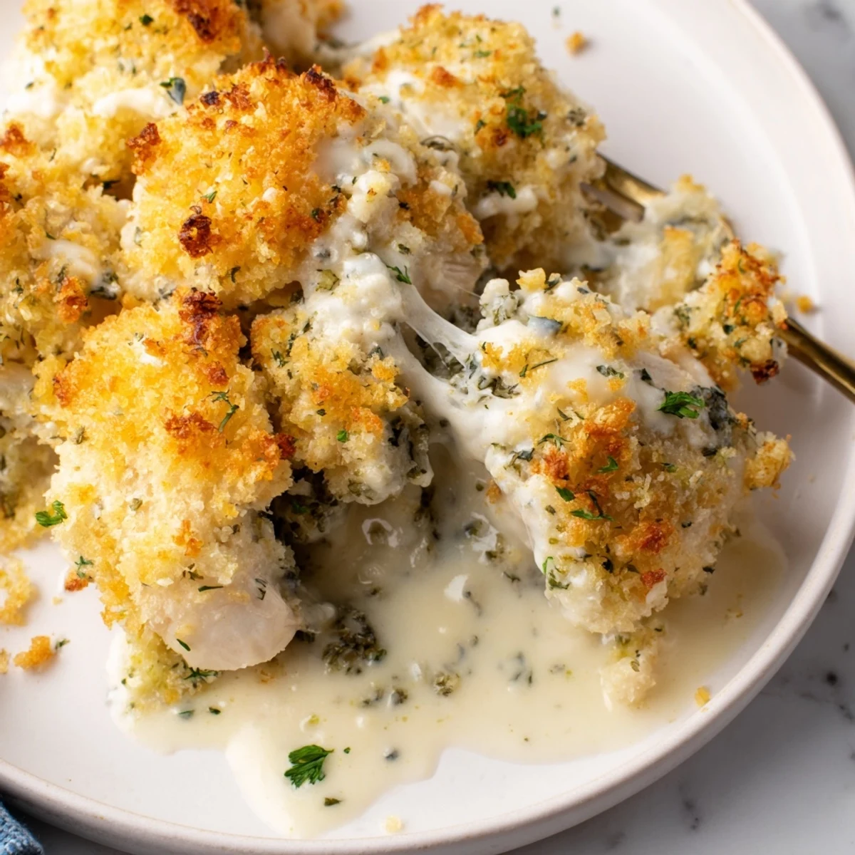 Golden crispy Chicken Kiev Casserole fresh from the oven with bubbling garlic herb butter