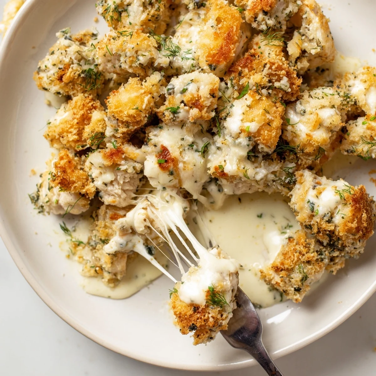 Creamy Chicken Kiev Casserole topped with crunchy panko breadcrumbs in a baking dish