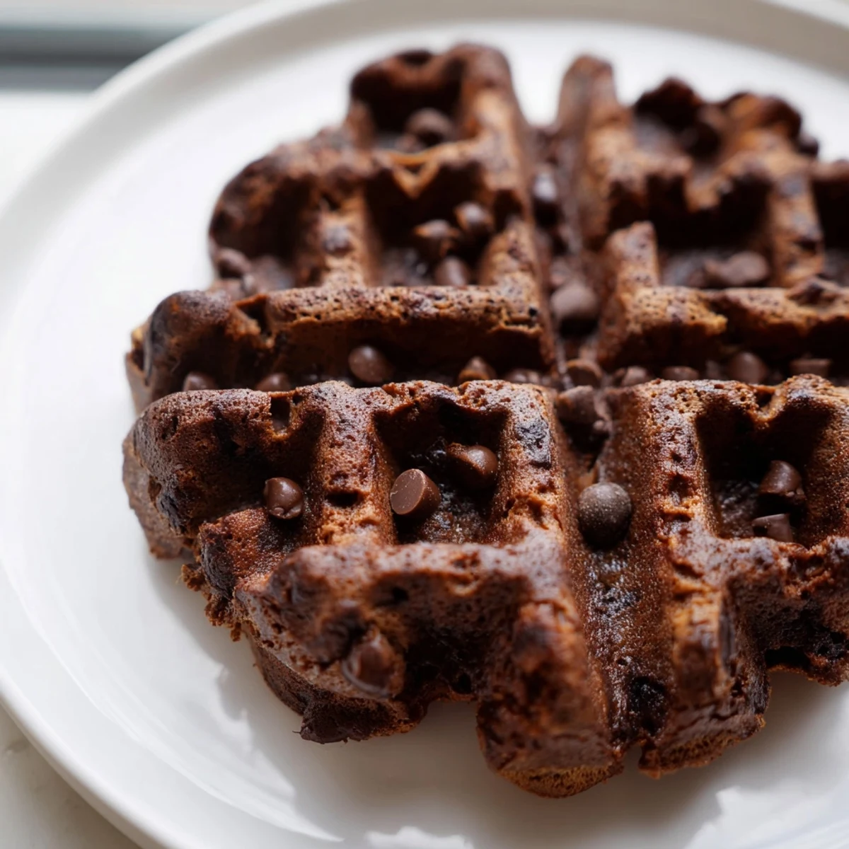 Gooey fudgy brownie waffles topped with vanilla ice cream and fresh berries