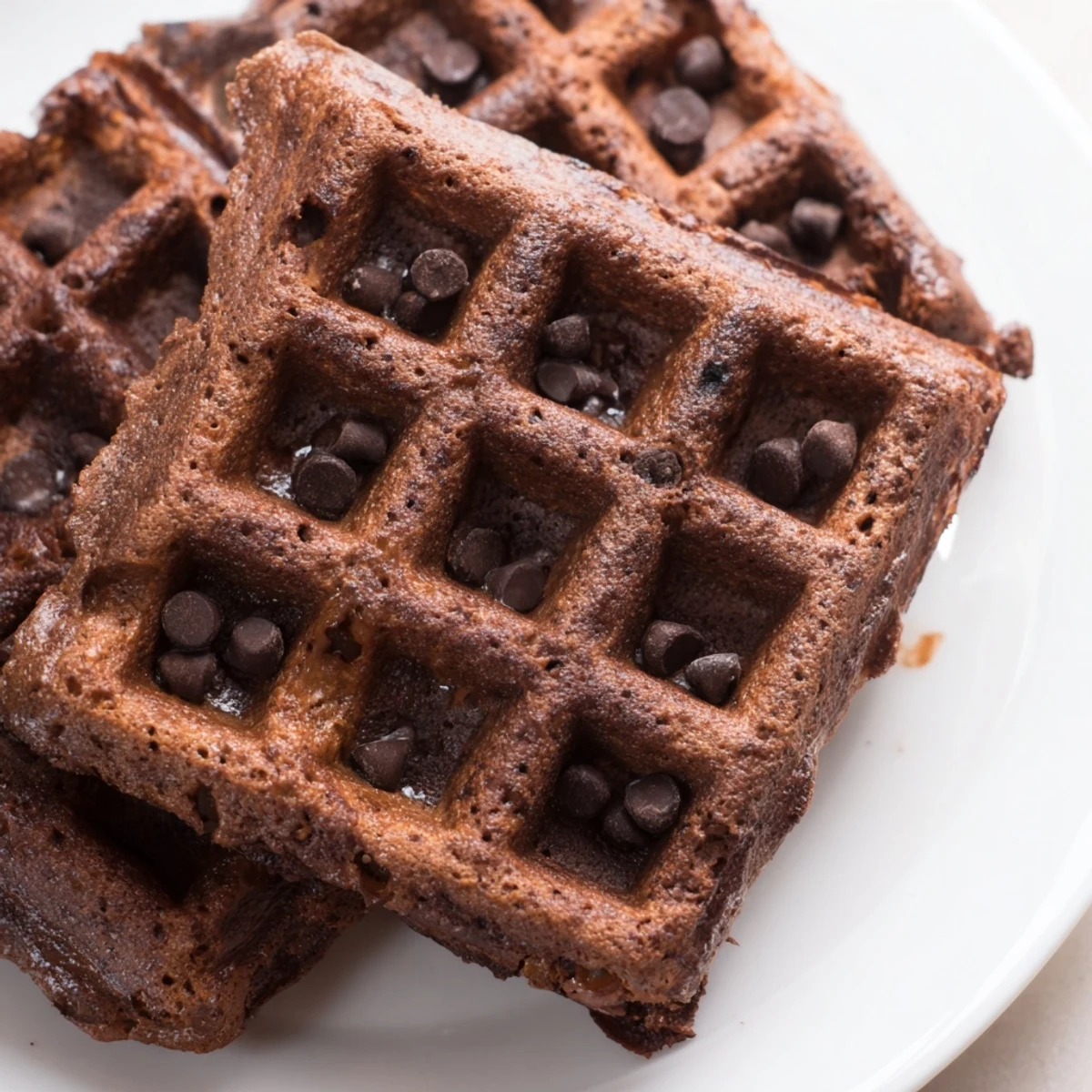Crisp fudgy brownie waffles with melted chocolate chips drizzled in syrup