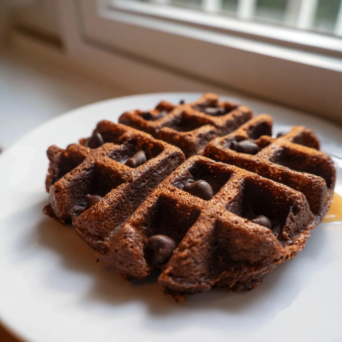 Warm fudgy brownie waffles fresh off the iron dusted with powdered sugar