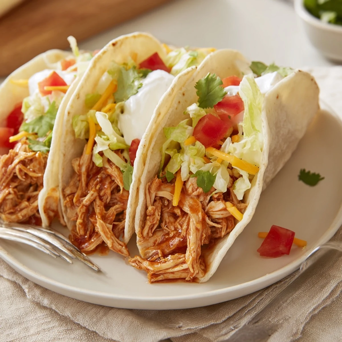 Juicy slow cooker ranch chicken tacos topped with melted cheddar and fresh cilantro