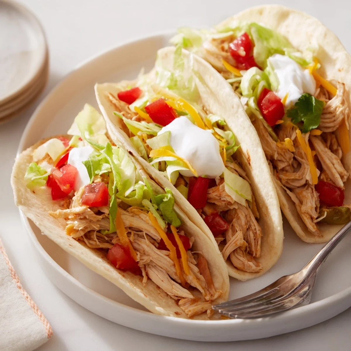 Tender shredded slow cooker ranch chicken tacos in crispy shells with vibrant toppings