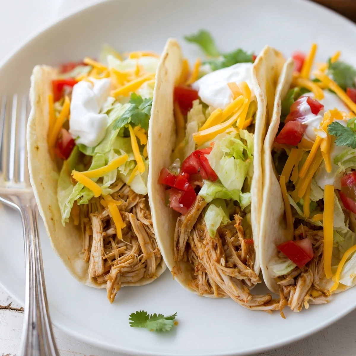 Slow cooker ranch chicken tacos loaded with shredded lettuce and cool sour cream