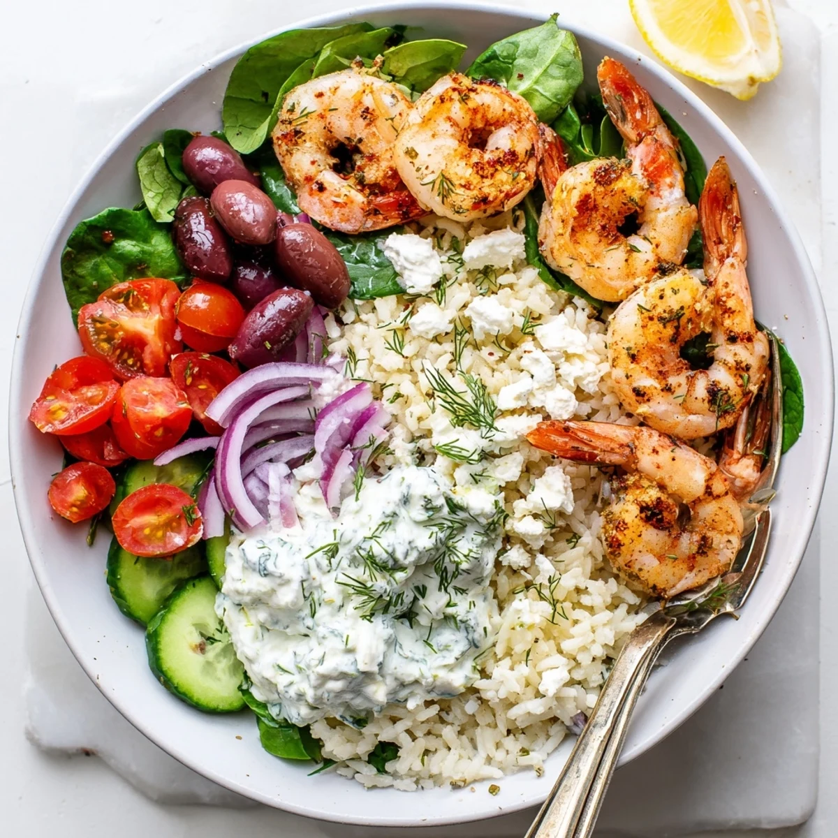 Juicy Greek Shrimp Mediterranean Bowl served over lemony rice with cool tzatziki drizzle