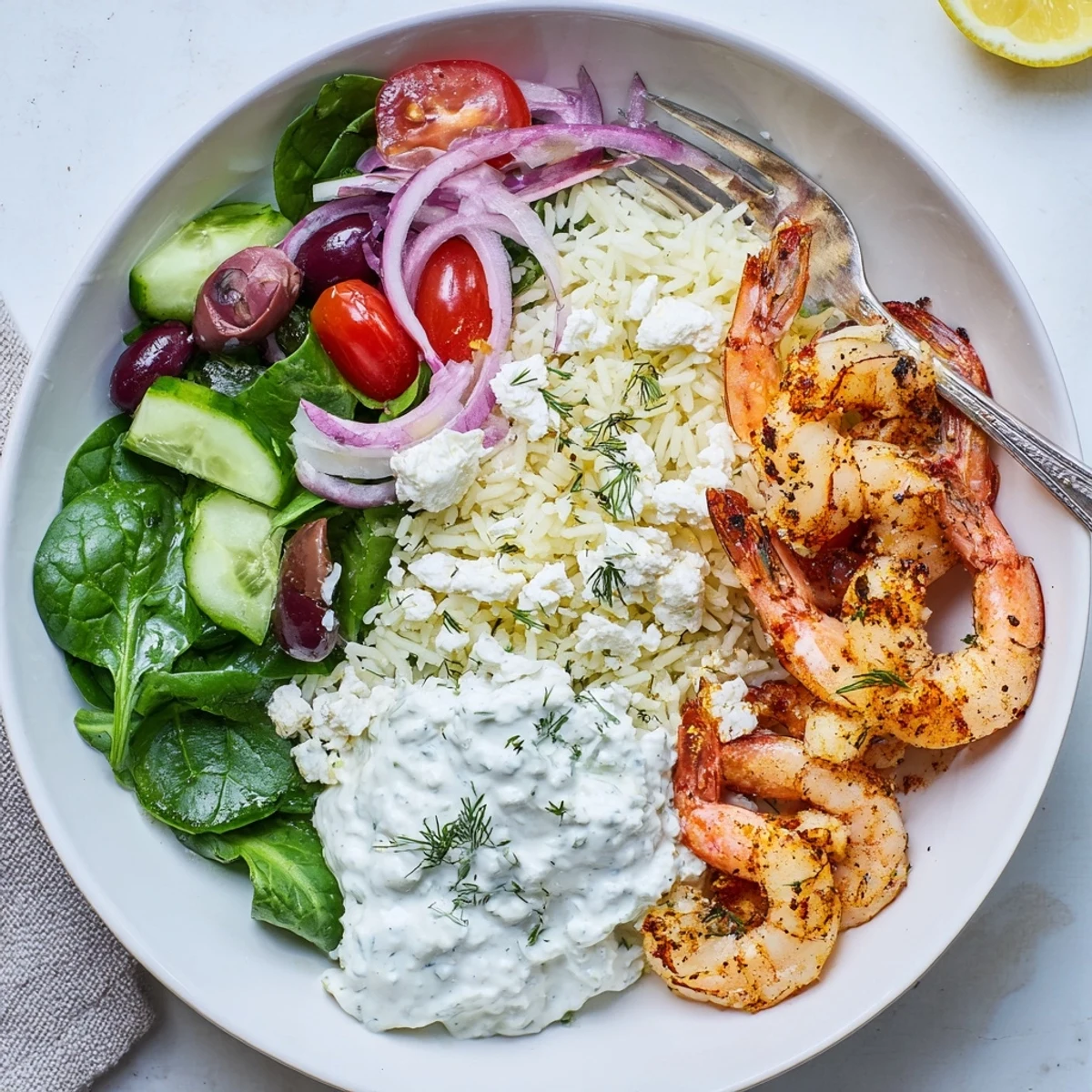 Creamy feta and tzatziki crown this vibrant Greek Shrimp Mediterranean Bowl on rustic dish
