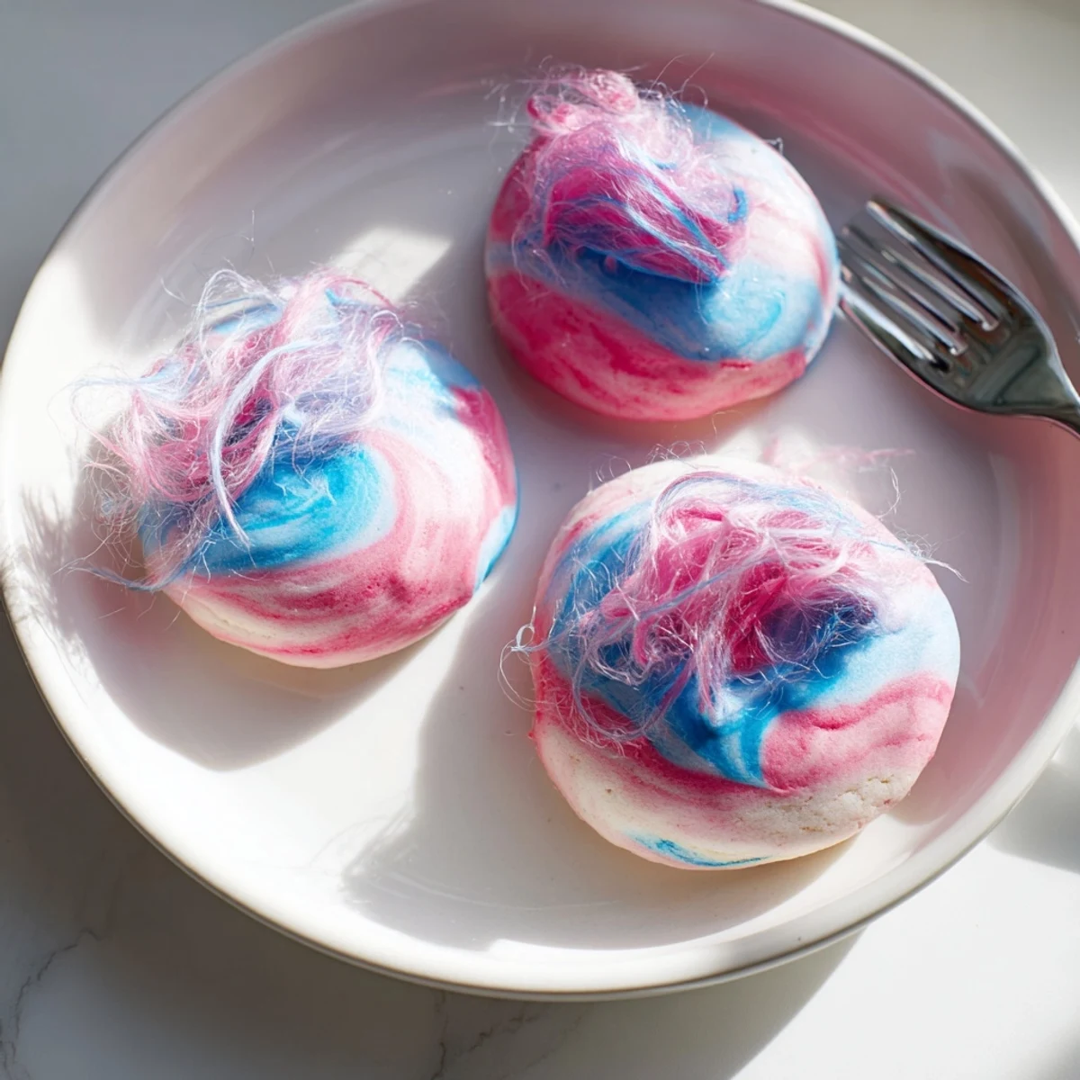 Swirled pink and blue cotton candy cookies with soft chewy centers on a parchment lined baking sheet