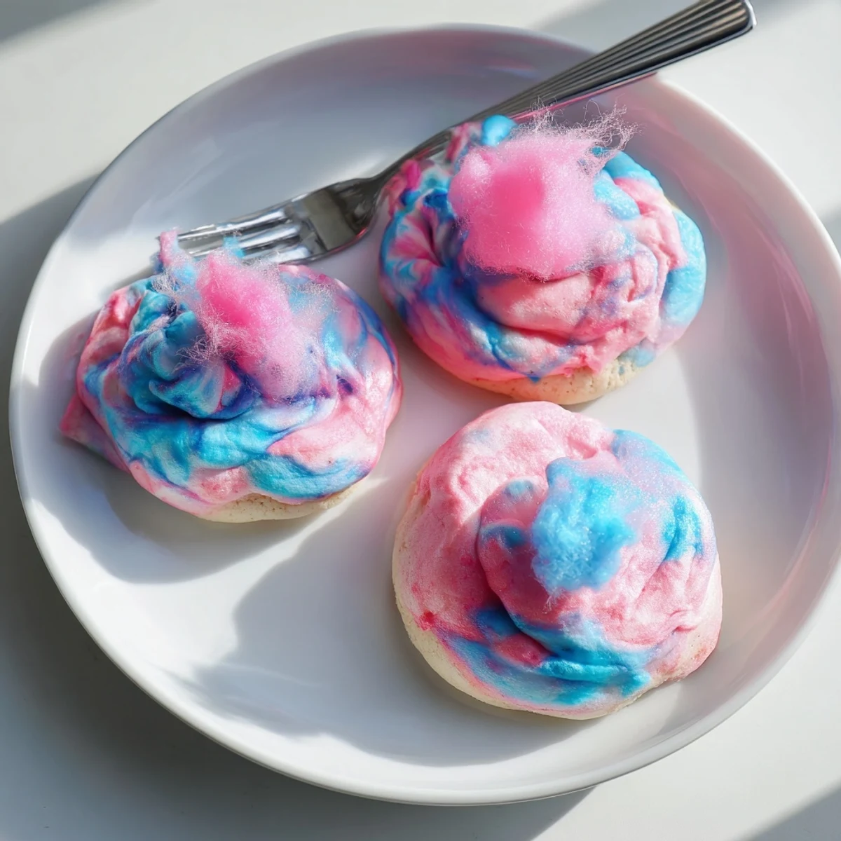 Cotton candy cookies marbled in pastel pink and blue topped with fluffy spun sugar garnish