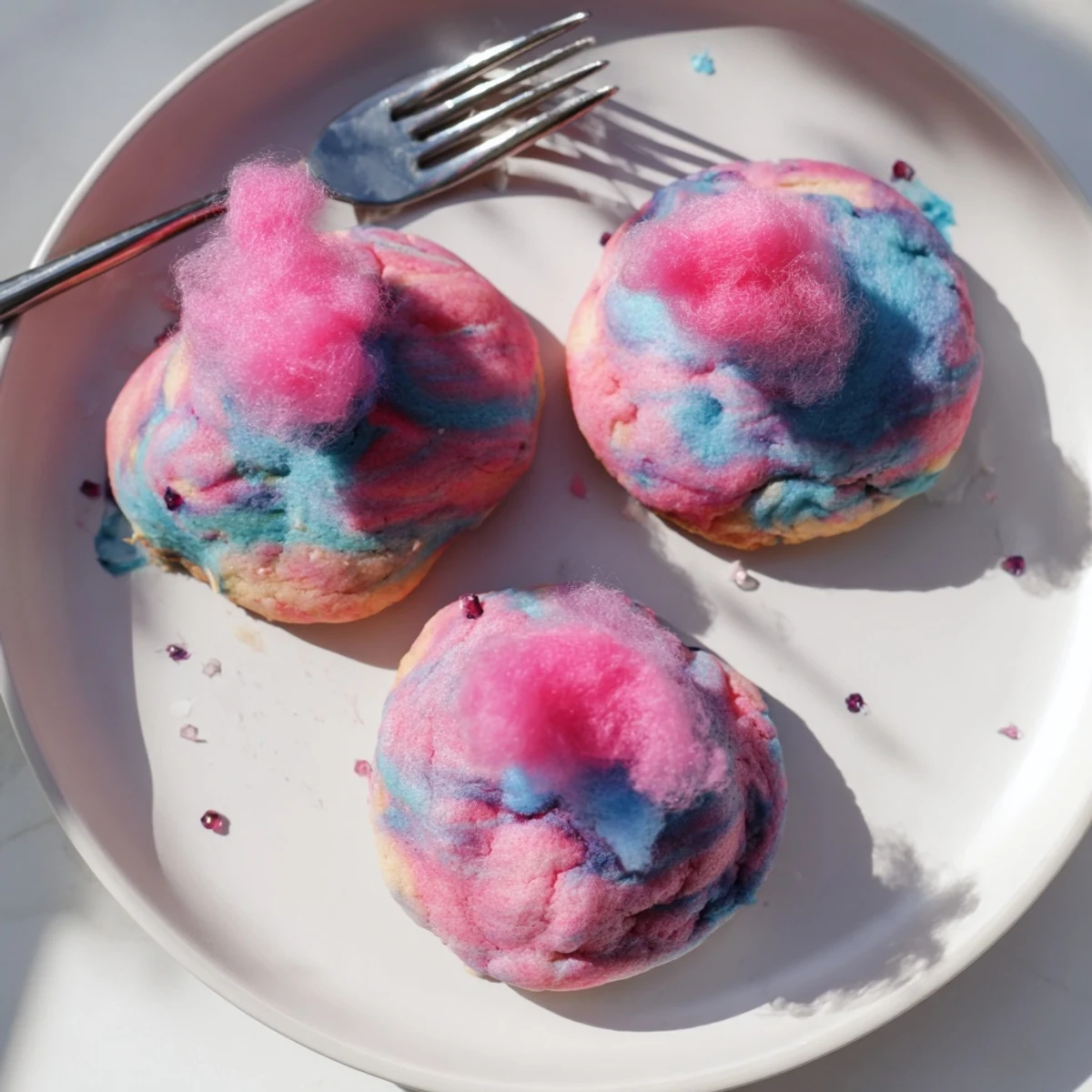 Golden edged cotton candy cookies with vibrant pastel swirls arranged on a white serving platter