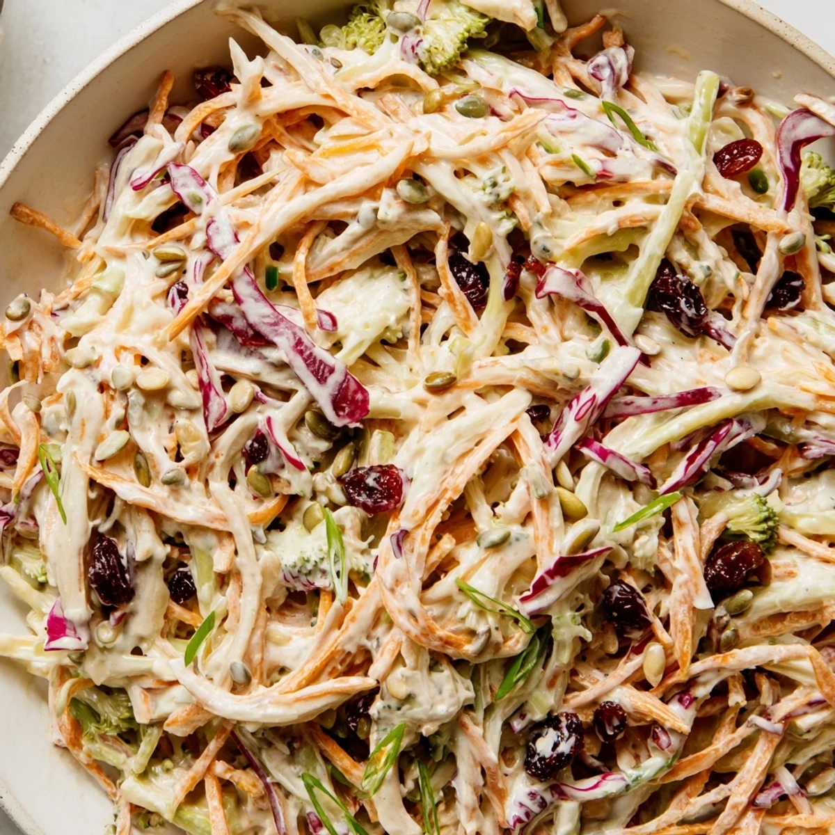 Creamy broccoli slaw with shredded carrots and cranberries in a tangy dressing