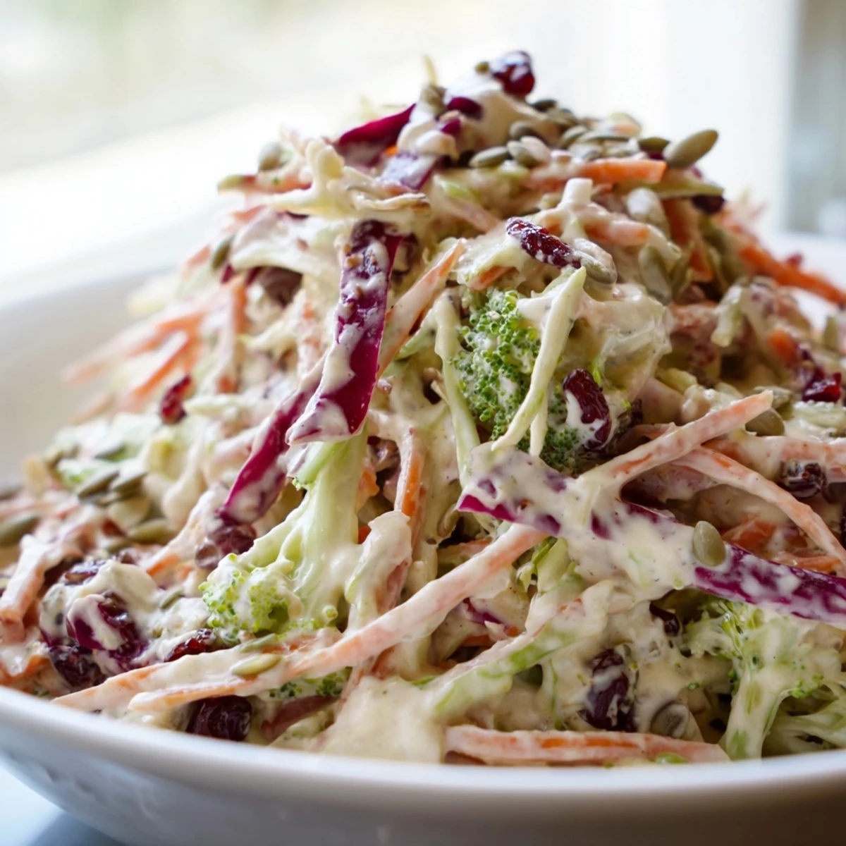 Colorful broccoli slaw topped with sunflower seeds, served in a rustic salad bowl