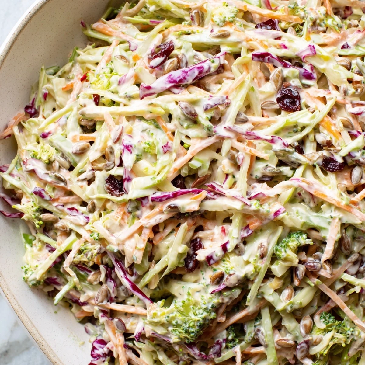 Crisp broccoli slaw tossed with red cabbage, scallions, and creamy mustard vinaigrette