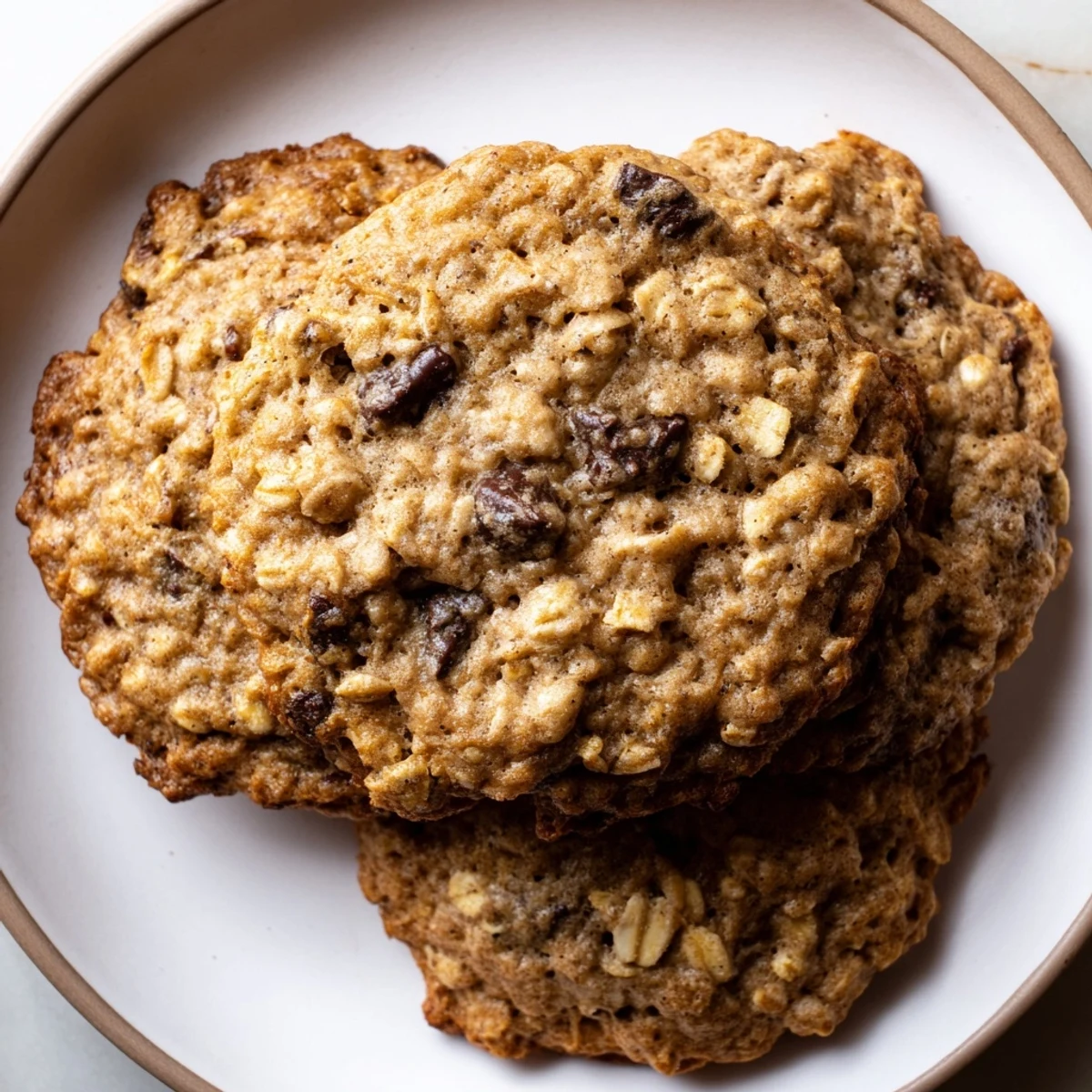 Rustic chewy banana oatmeal cookies cooling on a wire rack beside coffee