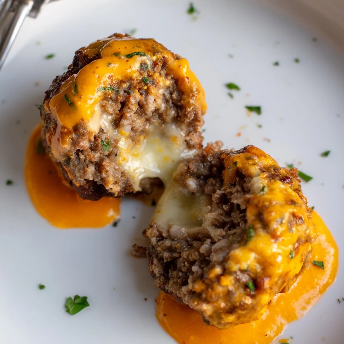 Golden cheese stuffed meatballs draped in creamy spicy cheese sauce on a rustic plate