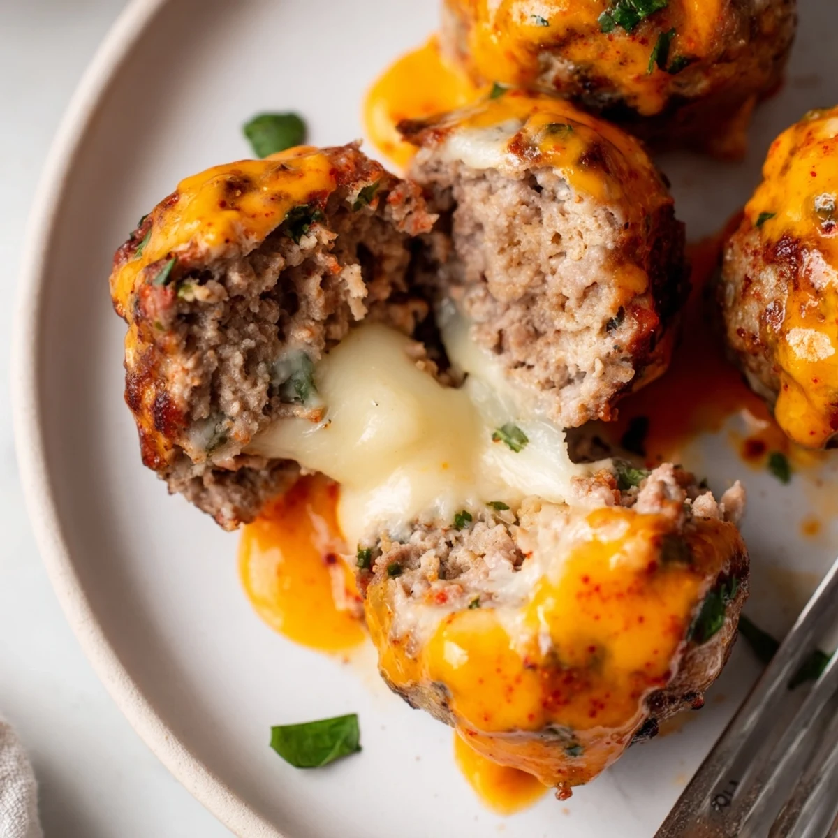 Molten mozzarella oozes from juicy cheese stuffed meatballs smothered in smoky pepper sauce