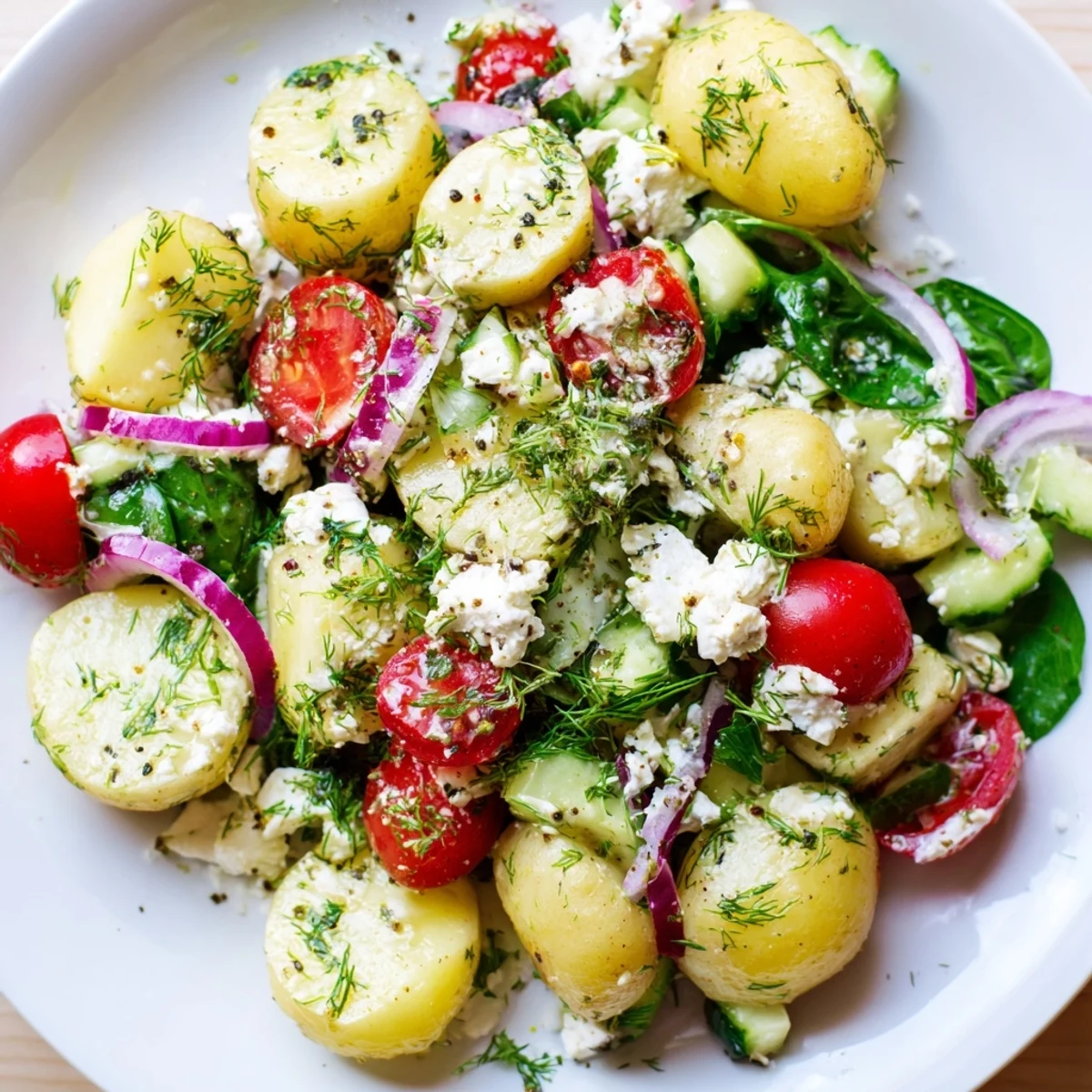 Creamy potato and feta salad topped with fresh herbs and vibrant cherry tomatoes