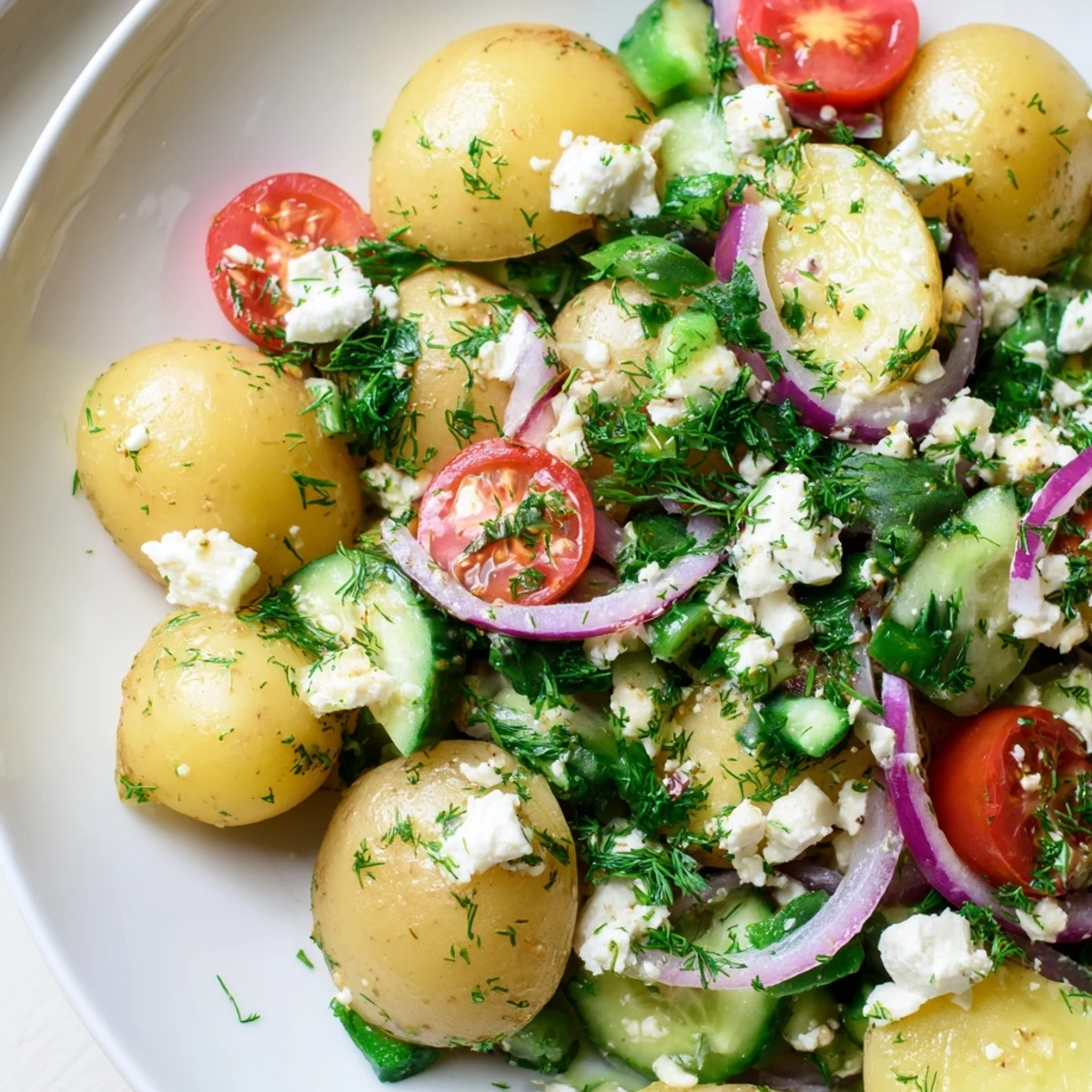 Golden tender potatoes with crumbled feta cheese, crisp cucumber, and fragrant fresh dill