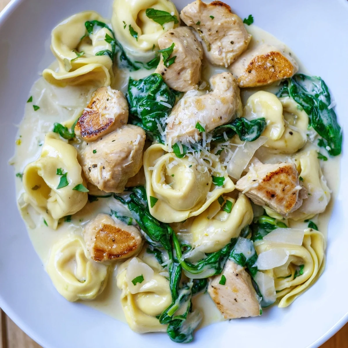 Creamy garlic chicken tortellini with spinach served in a rustic white bowl