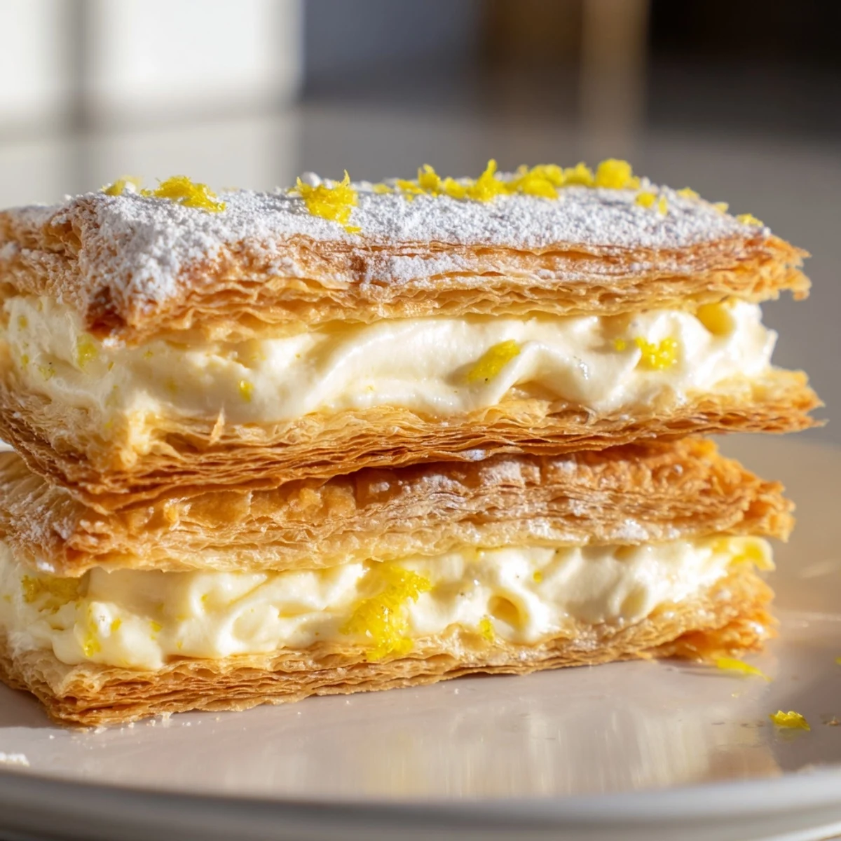 Crisp golden puff pastry layers filled with tangy lemon ricotta cream and powdered sugar dusting