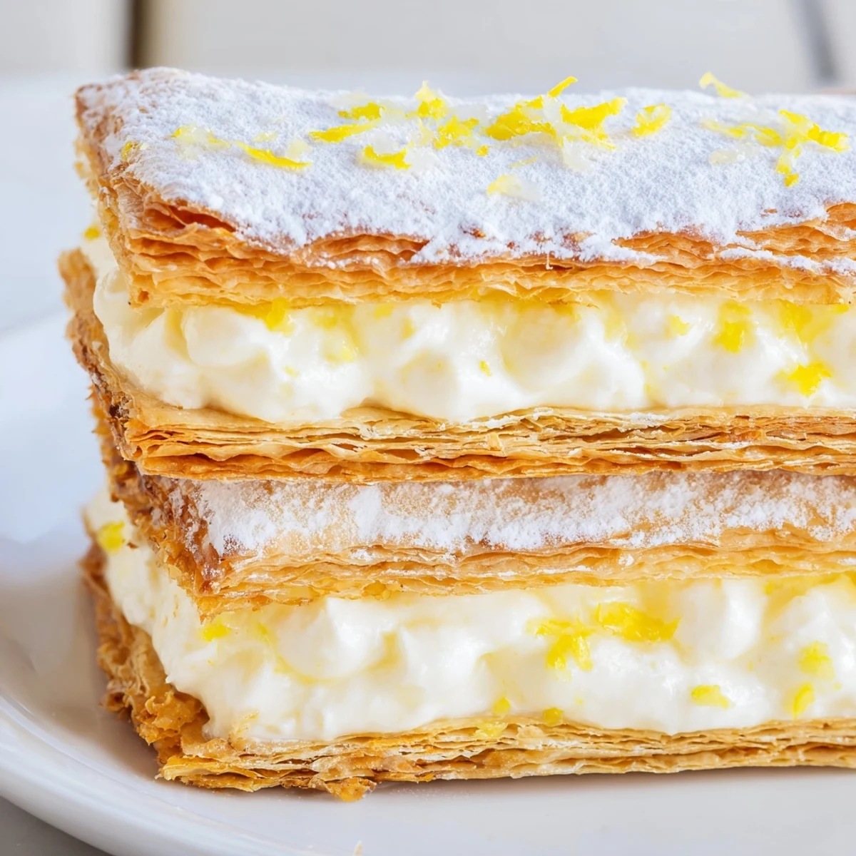 Flaky mille feuille stacked with bright lemon ricotta filling on a white dessert plate