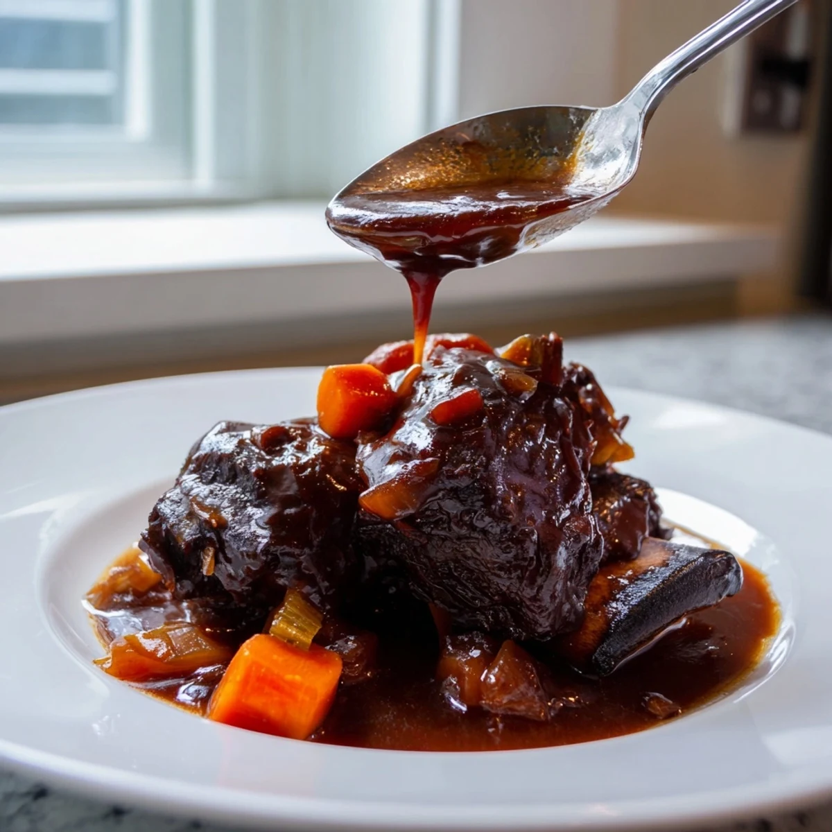 Fall-off-the-bone braised beef short ribs glistening with rich red wine sauce