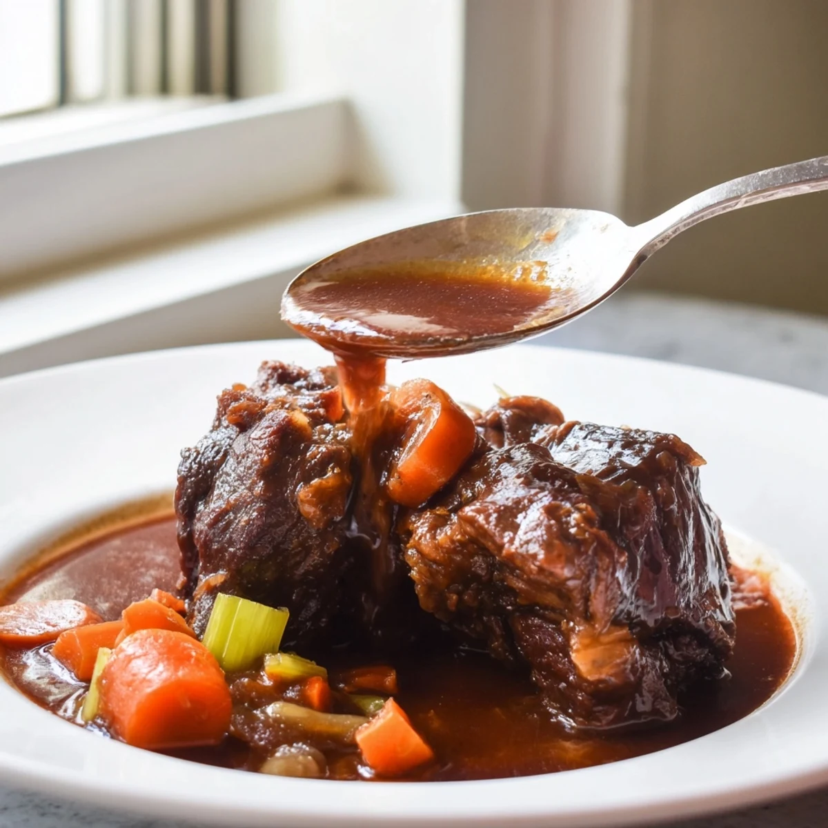 Tender oven braised beef short ribs nestled over creamy mashed potatoes