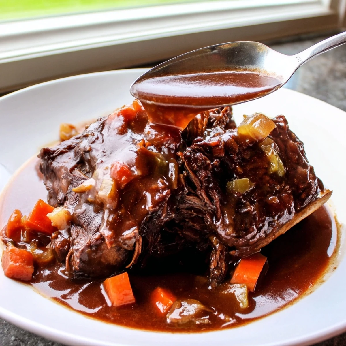 Savory braised beef short ribs with glossy gravy and fresh herb garnish