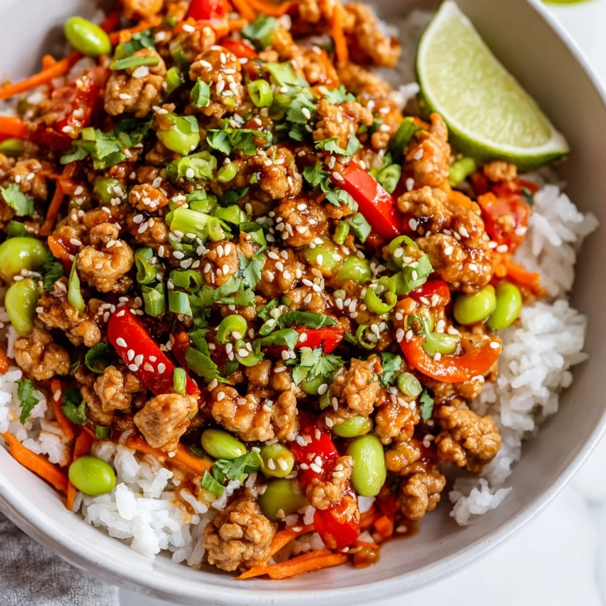 Hearty ground turkey rice bowls topped with sesame seeds, fresh cilantro, and lime wedges