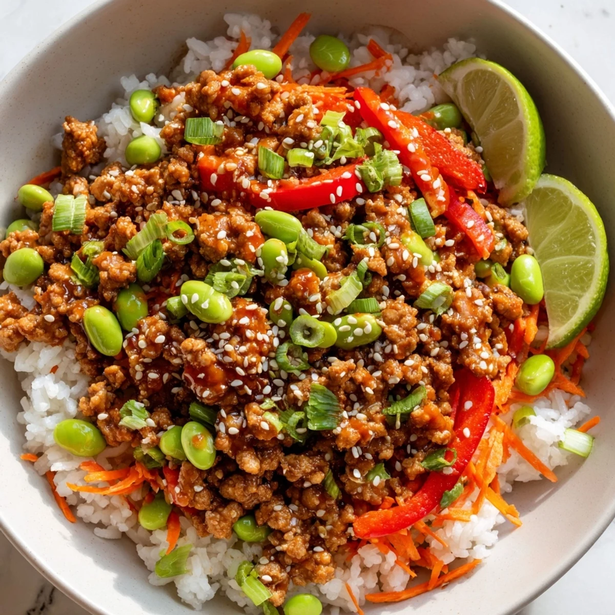 Colorful ground turkey rice bowls with bell peppers, edamame, and shredded carrots in savory sauce