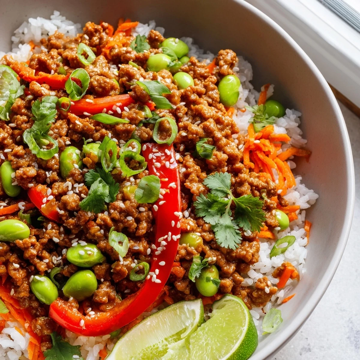 Steaming ground turkey rice bowls garnished with green onions and a drizzle of spicy sriracha