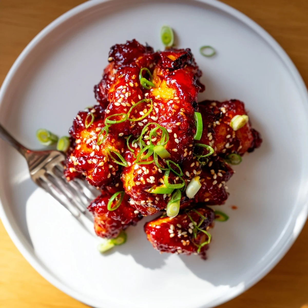 Garnished Gochujang Chicken glazed in sticky red sauce on a white plate
