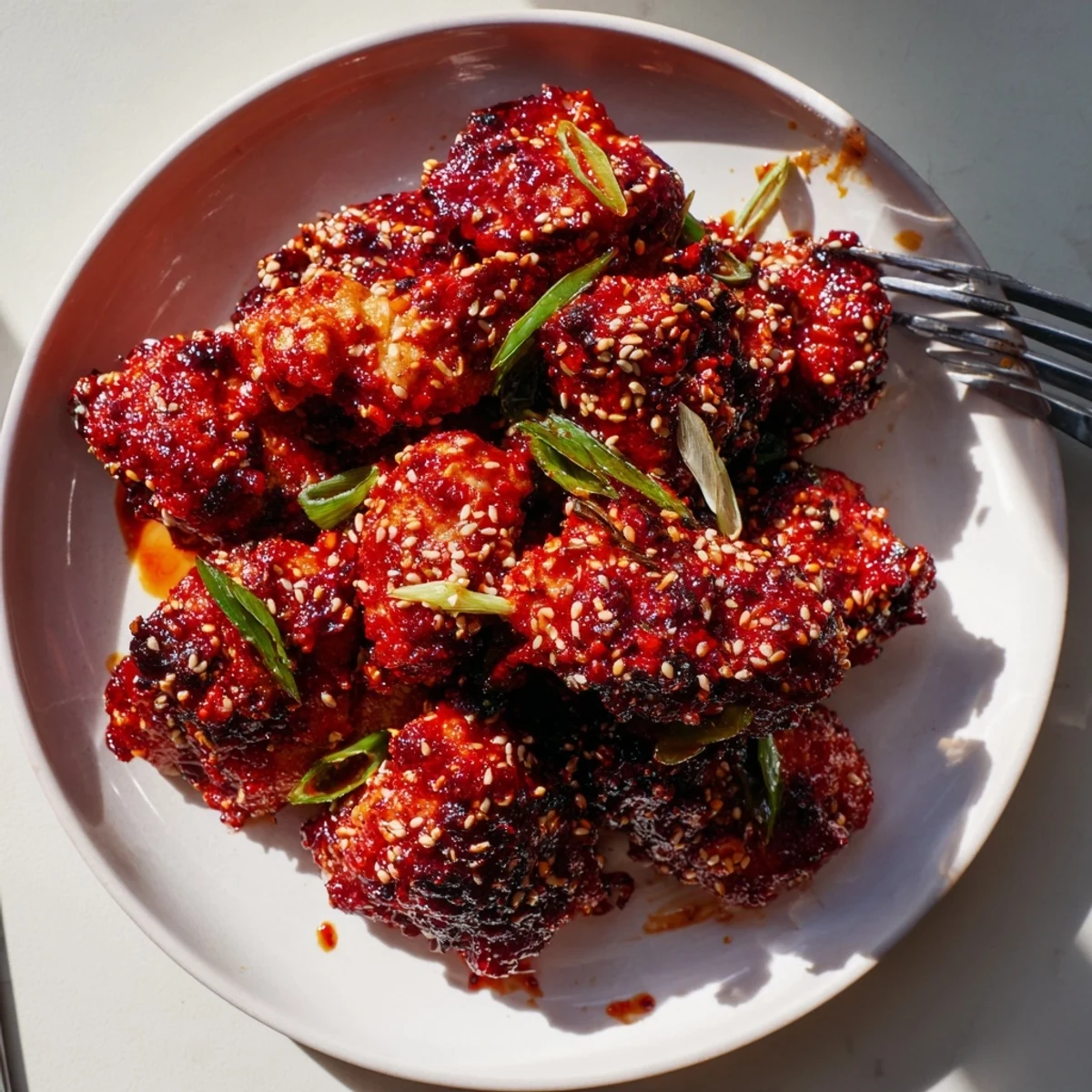Skillet-cooked Gochujang Chicken thigh bites in glossy spicy-sweet gochujang marinade