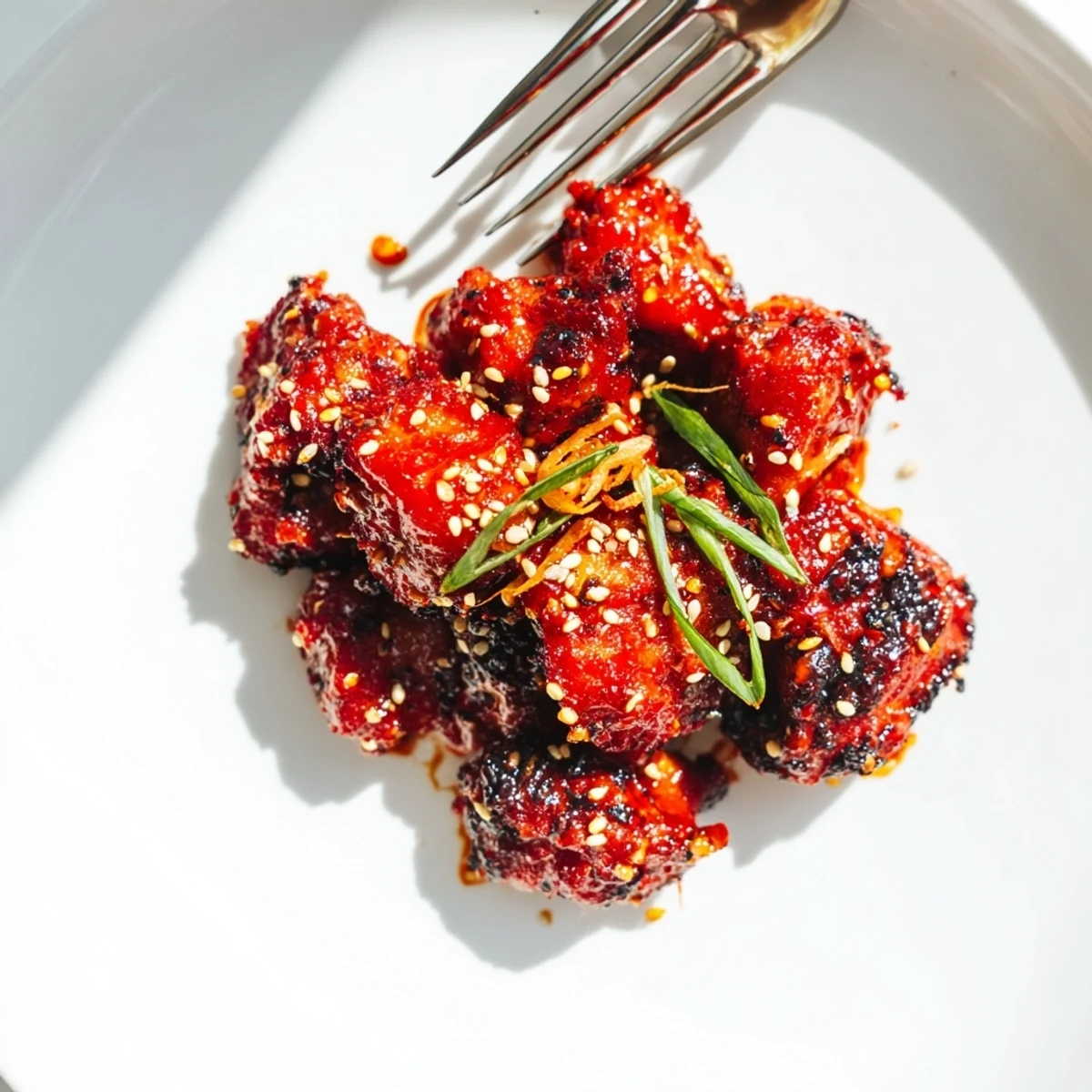 Caramelized Gochujang Chicken pieces with sesame seeds and sliced green onions
