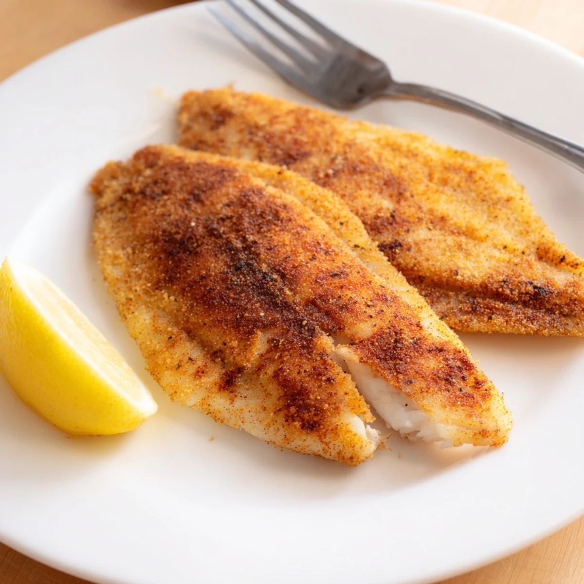 Crispy golden pan fried tilapia fillets served on a white plate with fresh lemon wedges