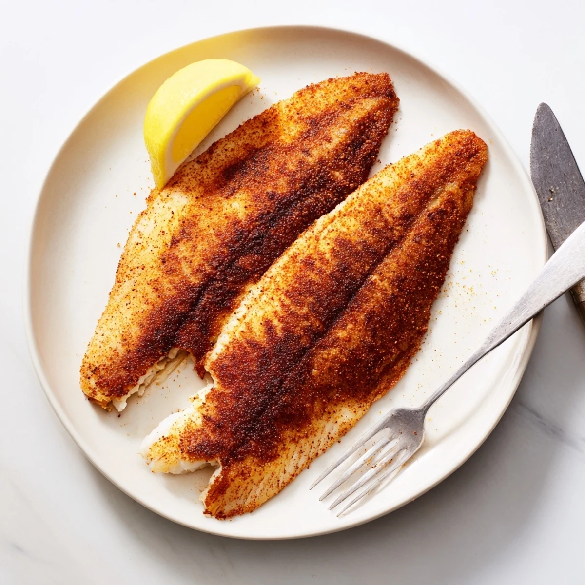 Pan fried tilapia with a seasoned crust nestled beside steamed vegetables and lemon slices