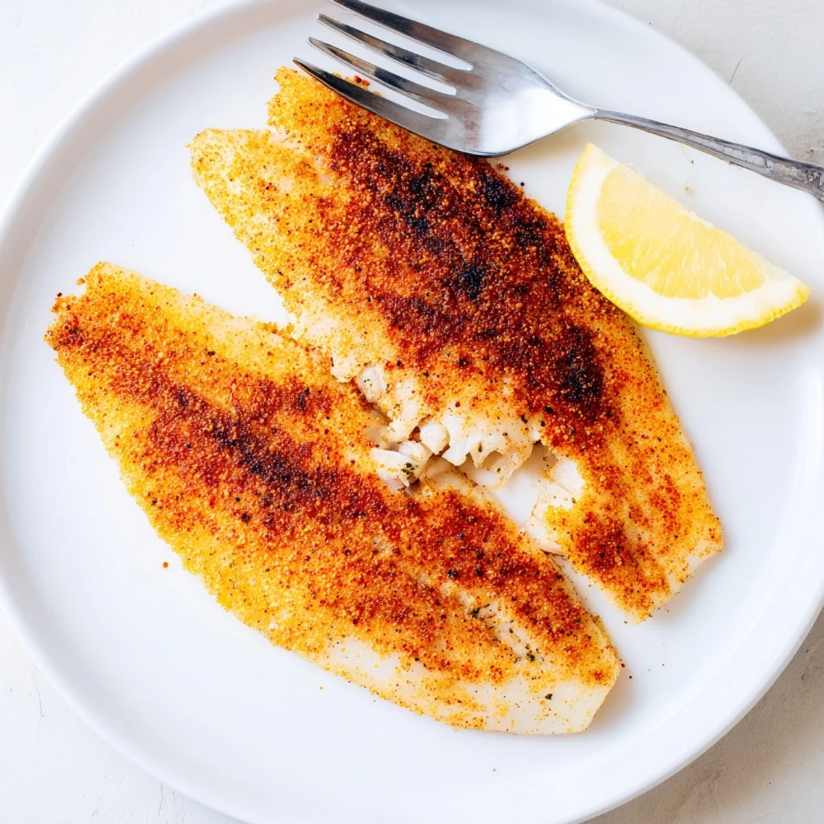 Perfectly cooked pan fried tilapia fillets flaking gently topped with a bright lemon wedge