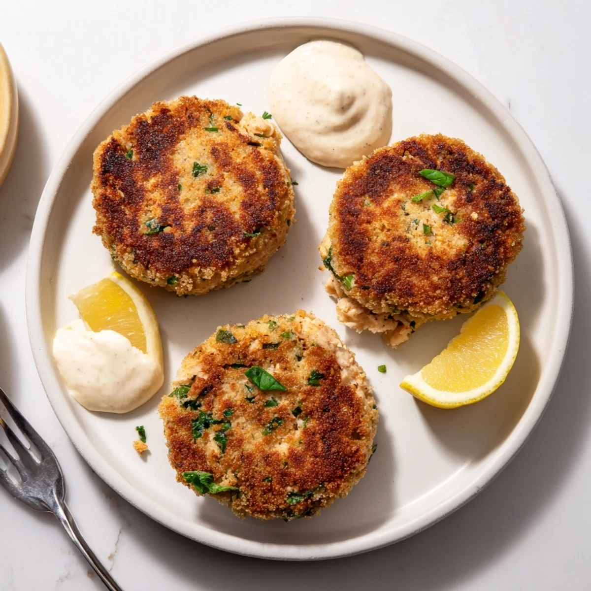 Pan-fried Lemon Garlic Alaska Salmon Cakes served with tangy lemon herb aioli and fresh wedges