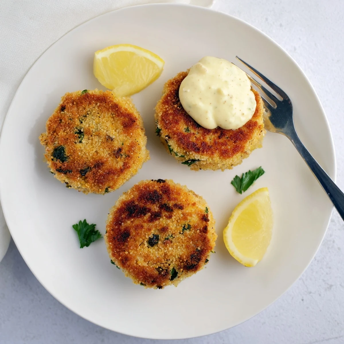 Golden crispy Lemon Garlic Alaska Salmon Cakes drizzled with creamy aioli on a rustic plate