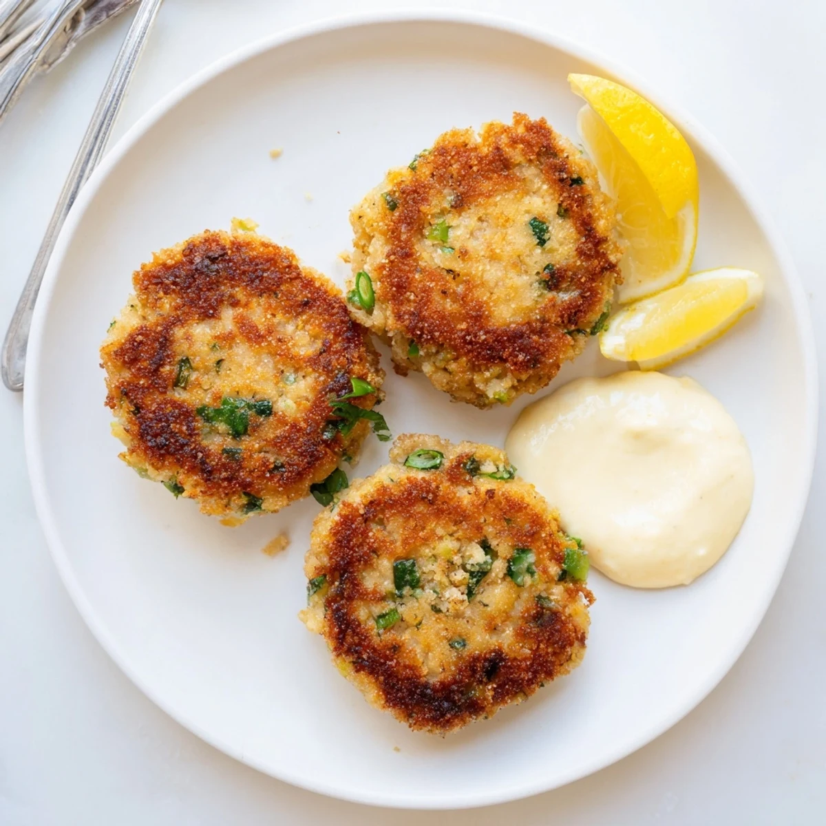 Tender Lemon Garlic Alaska Salmon Cakes topped with velvety aioli alongside bright citrus garnish
