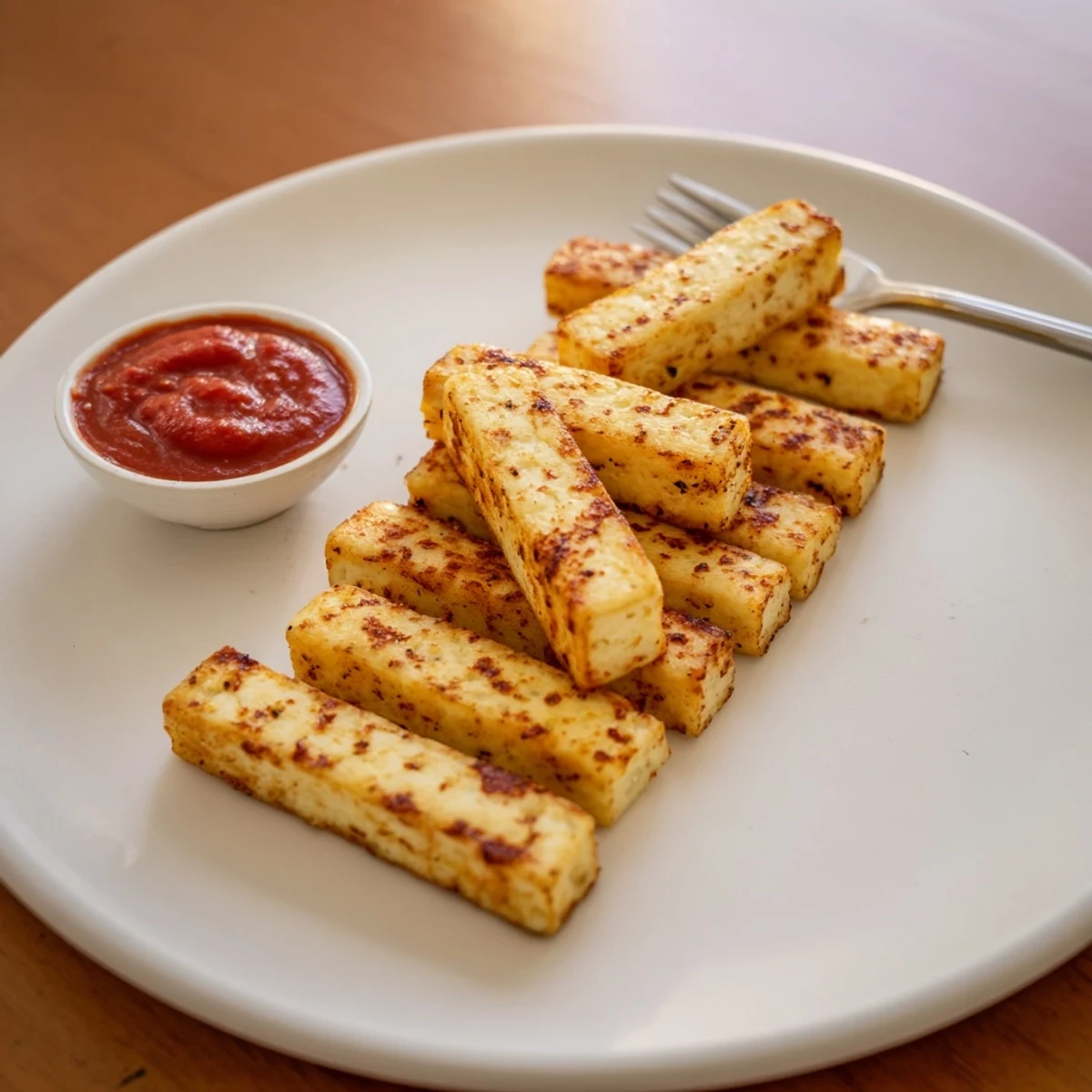 Crispy baked cottage cheese fries stacked in a rustic bowl beside marinara