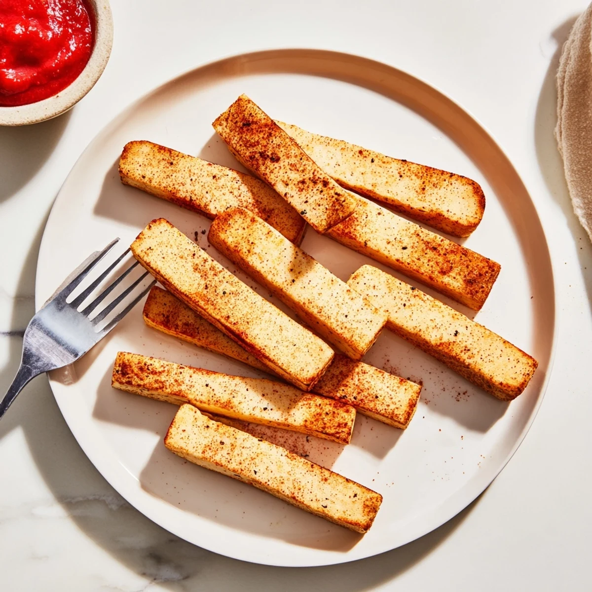 Golden baked cottage cheese fries arranged on parchment with a smoky dipping sauce nearby