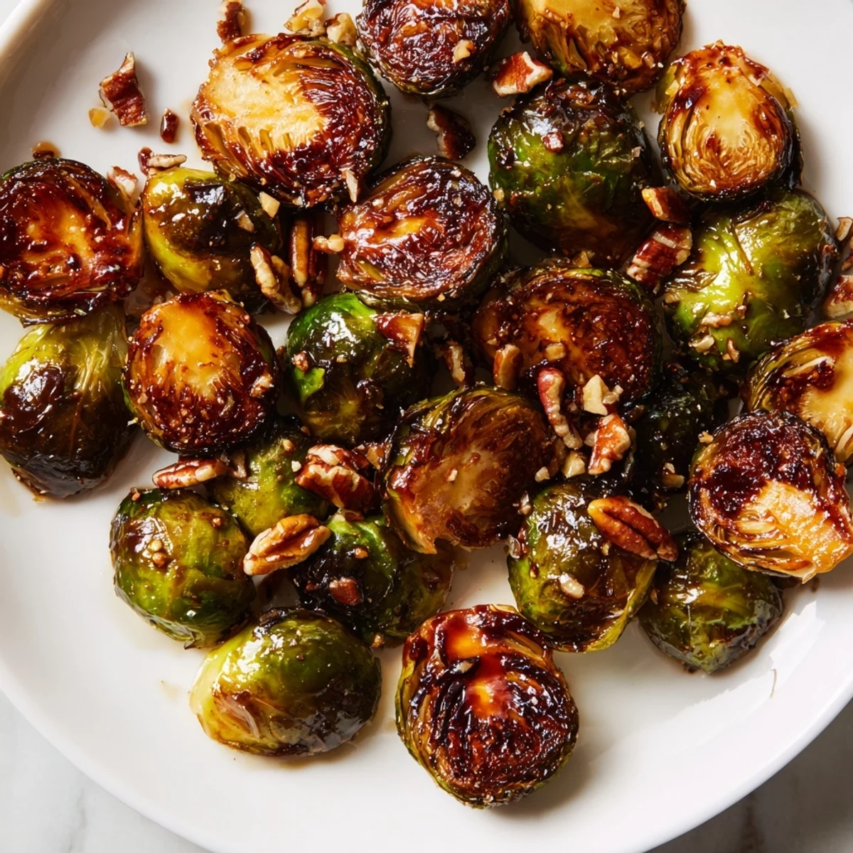 Crispy honey balsamic Brussels sprouts roasted golden with a glossy caramelized glaze