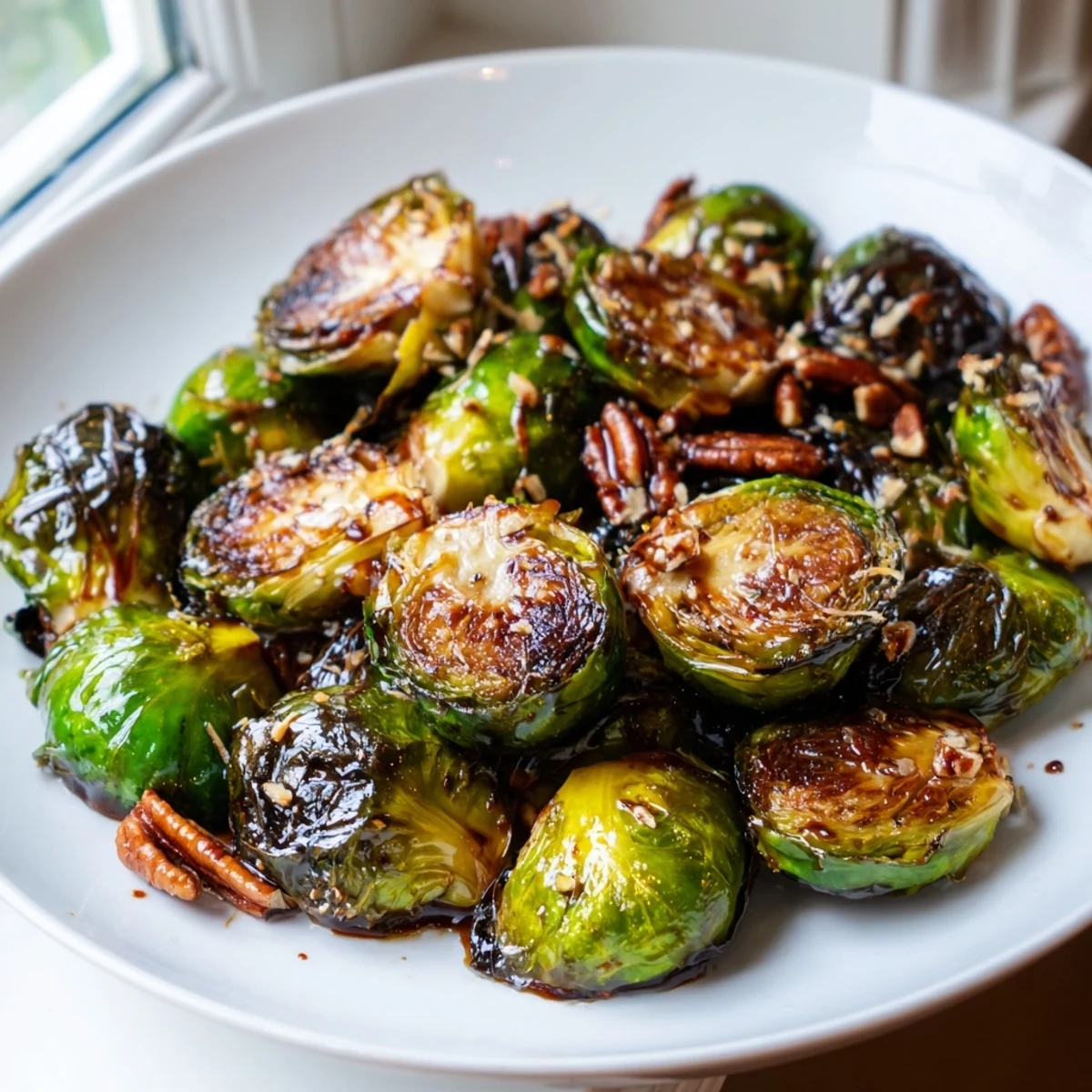 Honey balsamic Brussels sprouts sizzling on a sheet pan with charred edges