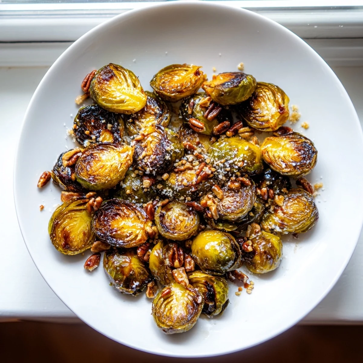 Glistening honey balsamic Brussels sprouts piled in a dish topped with toasted pecans