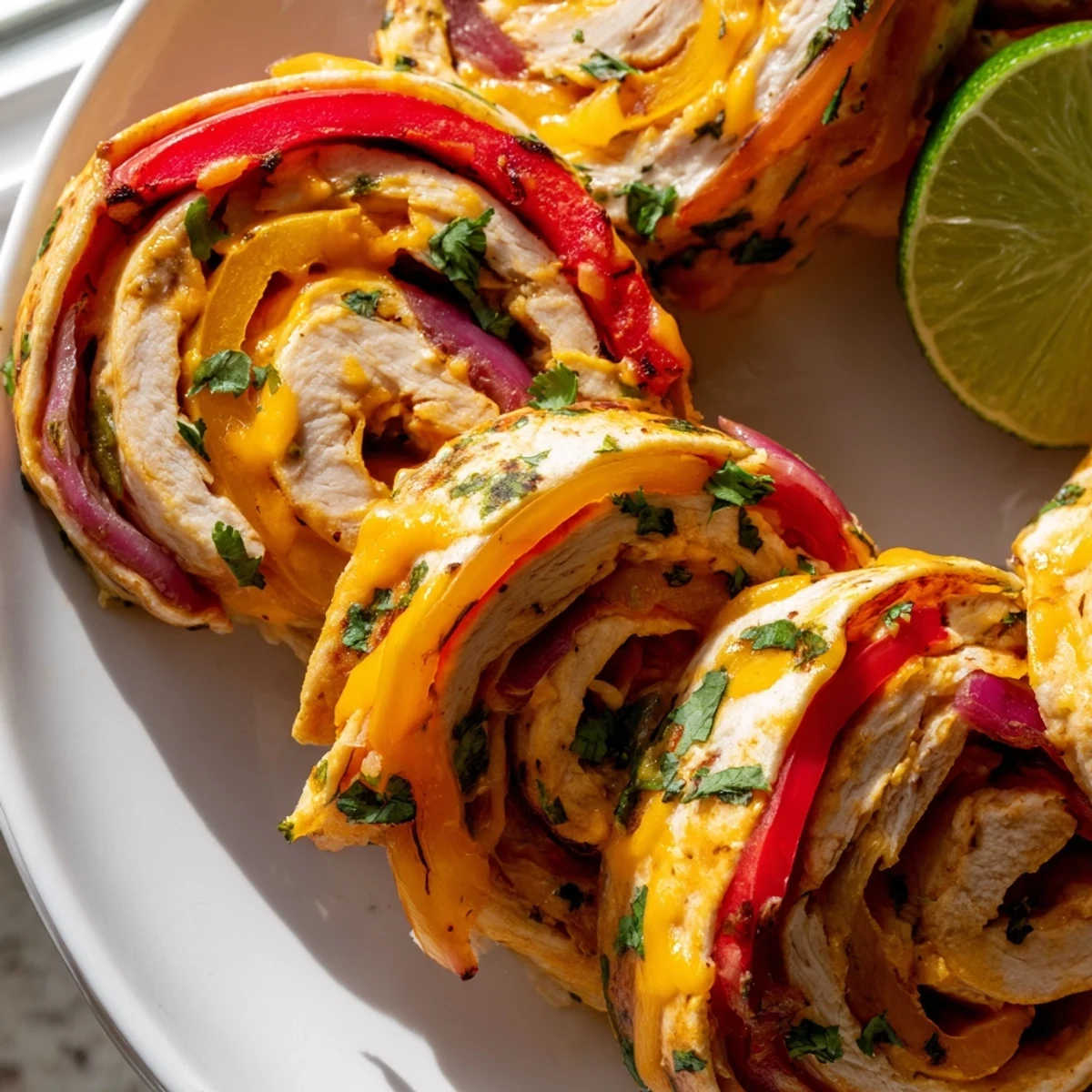 Golden baked chicken fajita roll ups sliced to reveal melted cheddar and vibrant peppers