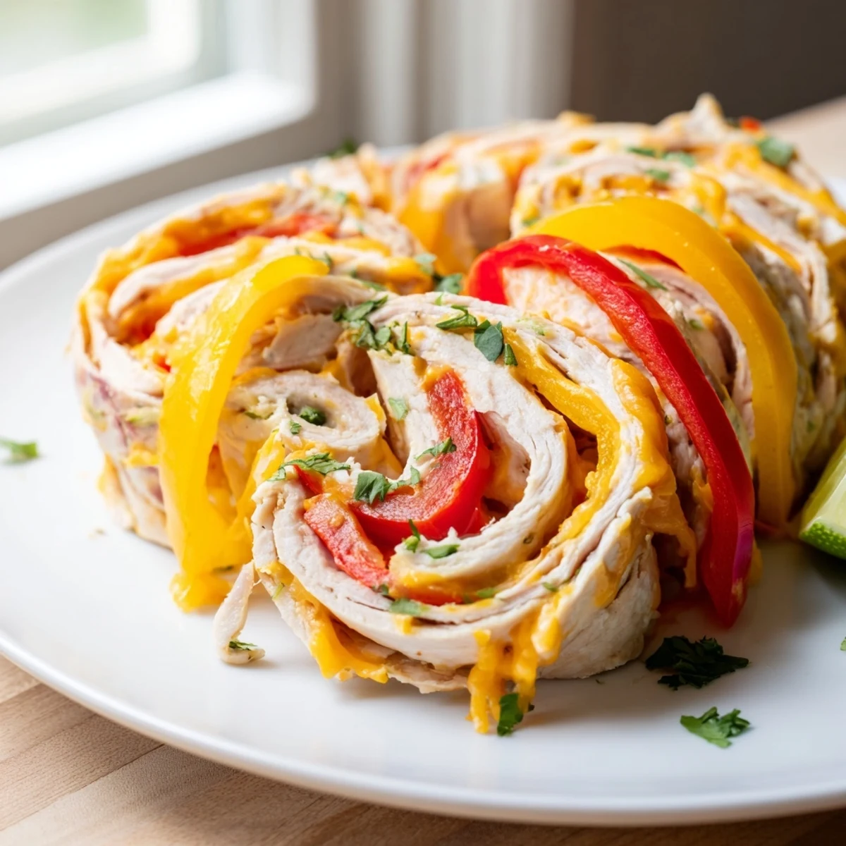 Juicy baked chicken fajita roll ups garnished with fresh cilantro and lime wedges