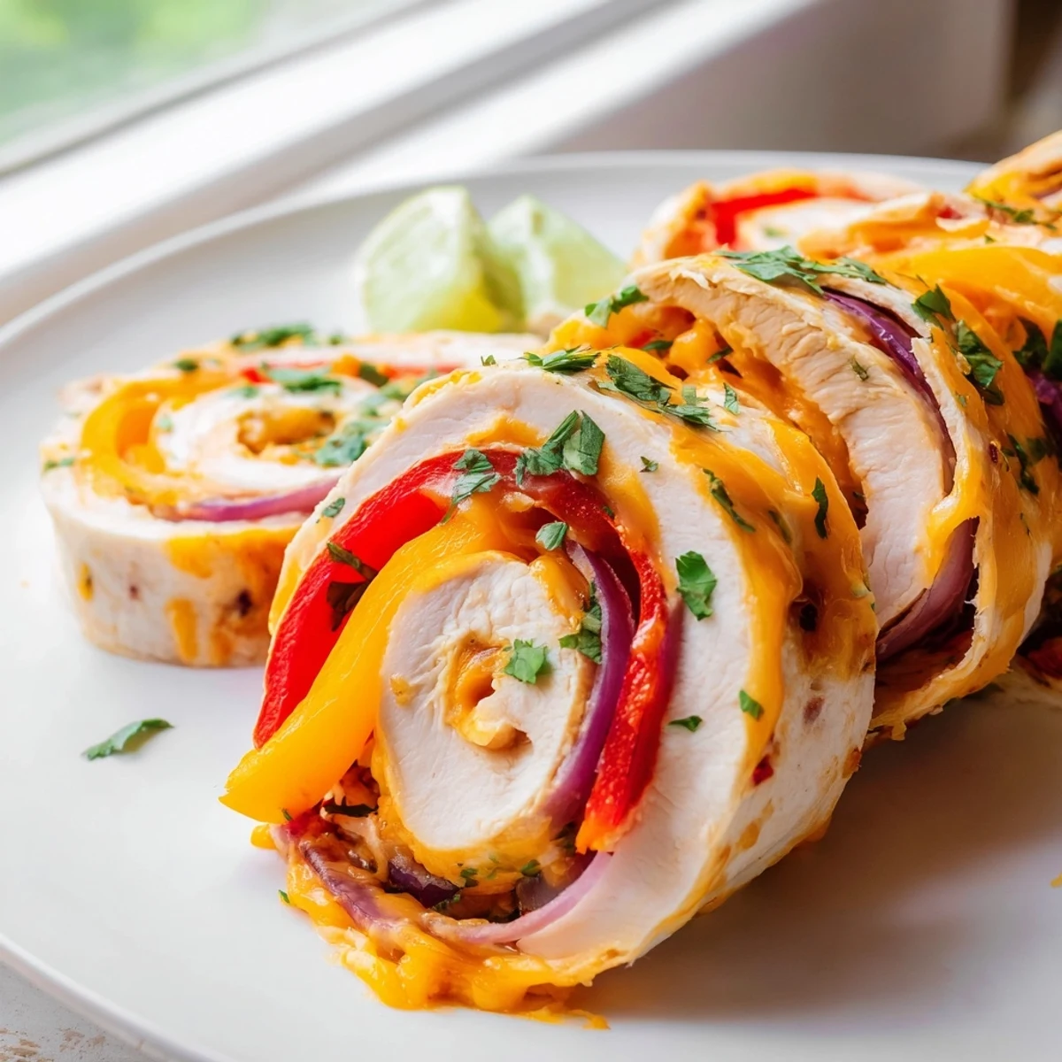 Cheesy baked chicken fajita roll ups with sautéed onions and colorful bell peppers