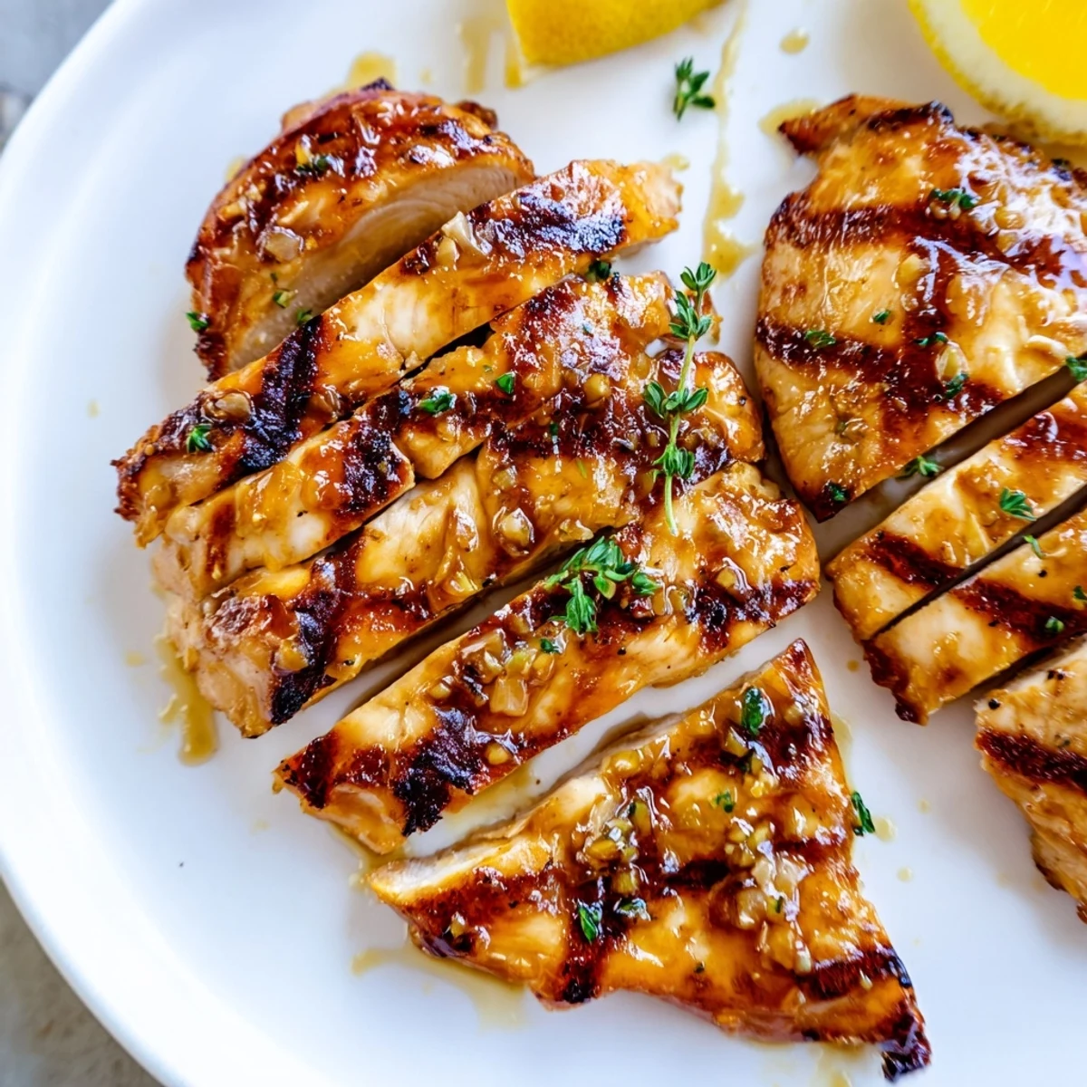 Golden Maple Dijon Grilled Chicken sliced and plated with fresh herbs