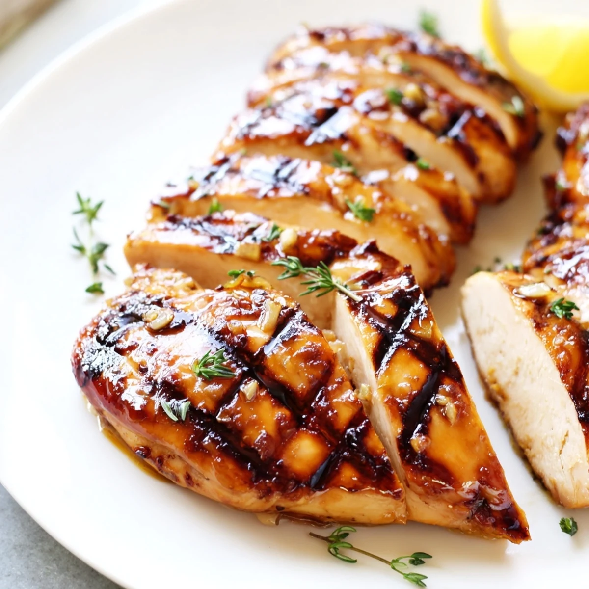 Caramelized Maple Dijon Grilled Chicken served alongside grilled vegetables and lemon wedges